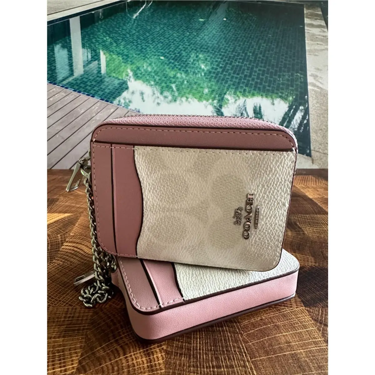 BN  Zip Card Case W Chain Wristlet Wallet CW883 CHALK CARNATION by Coach