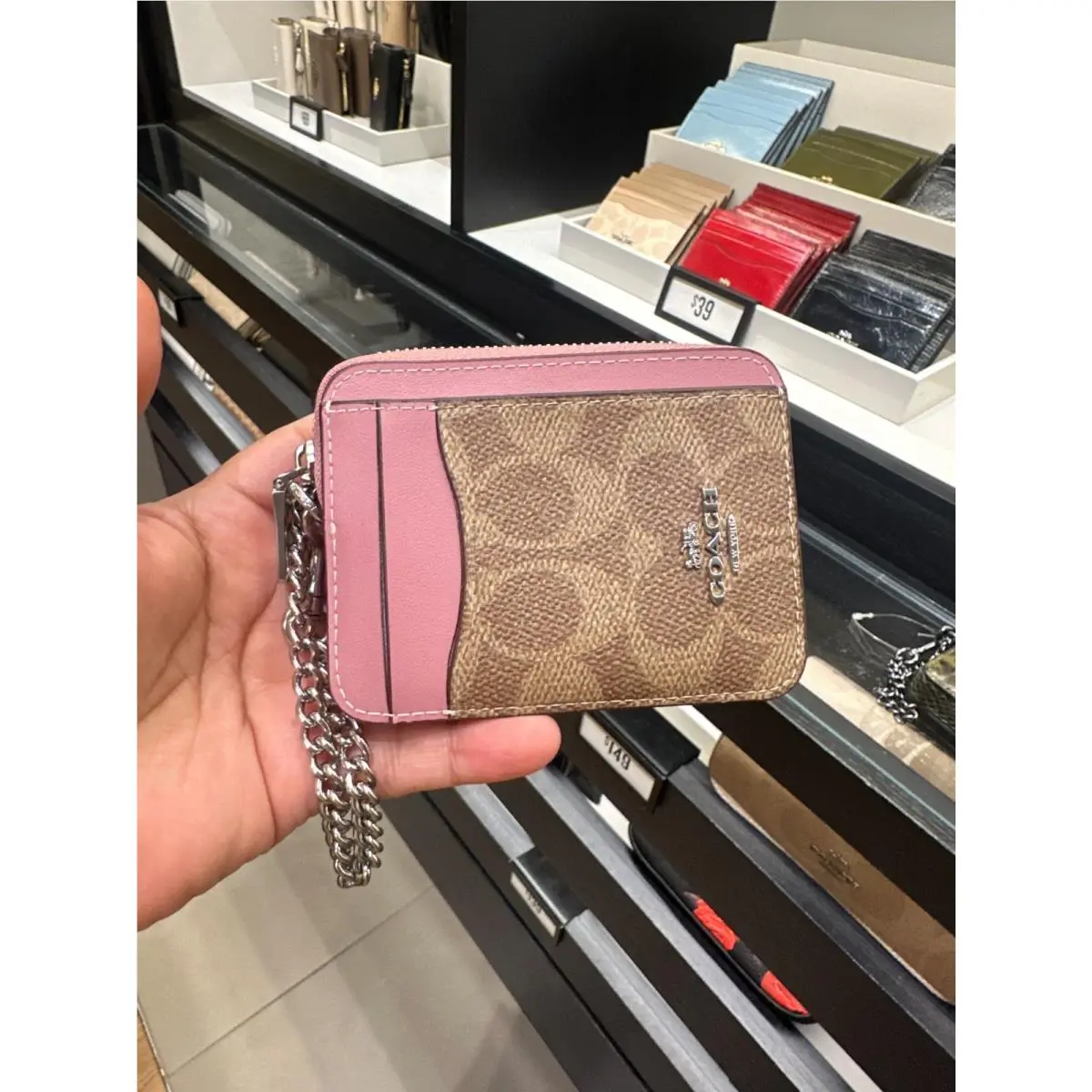 BN  Zip Card Case W Chain Wristlet Wallet CW883 Pink Petal Tan Signature by Coach