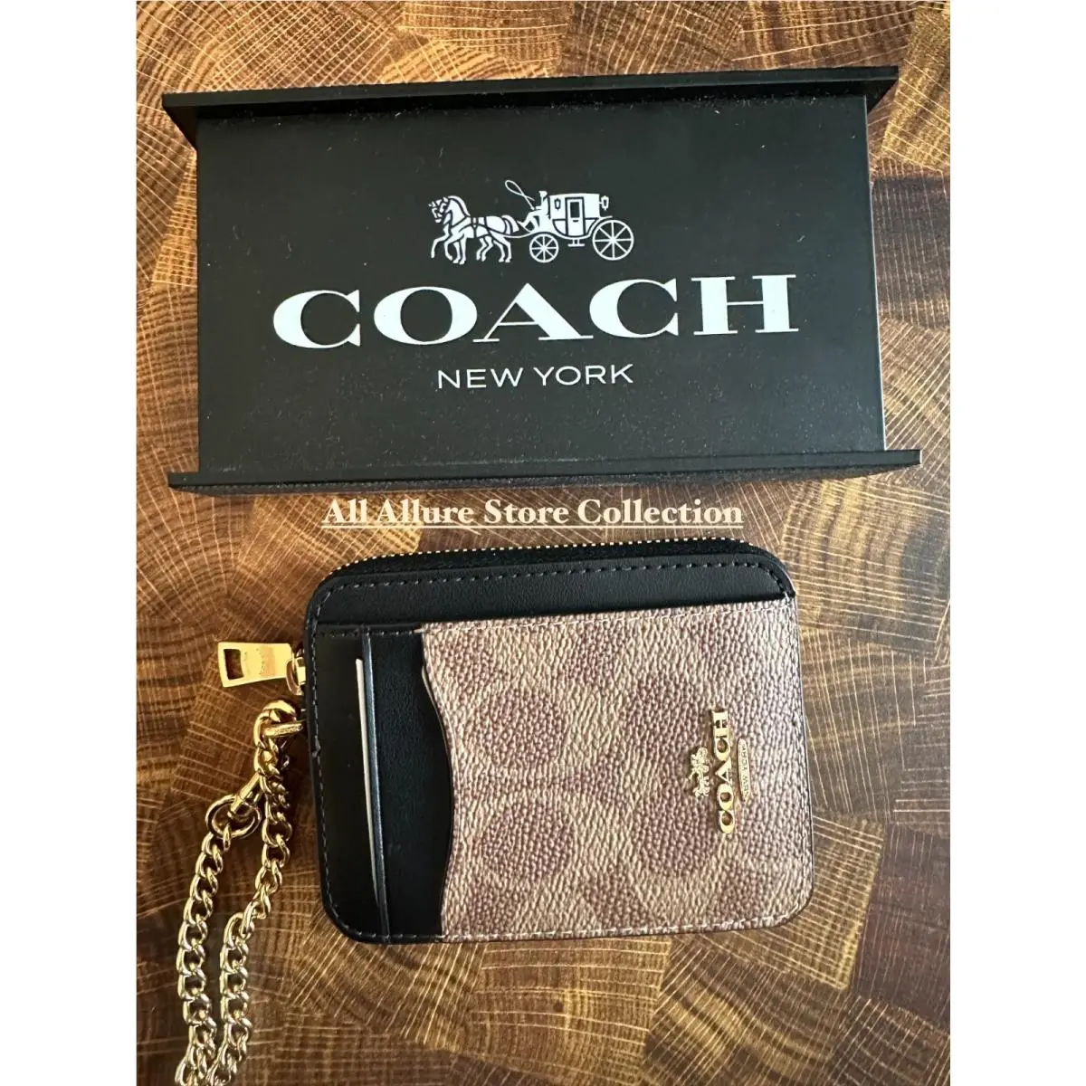 BN  Zip Card Case W Chain Wristlet Wallet CW883 TAN BLACK by Coach