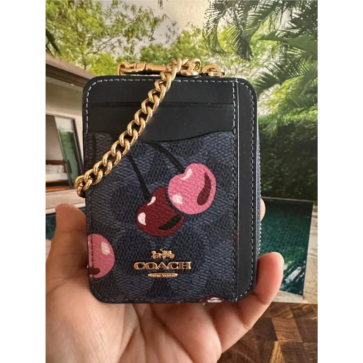 BN  Zip Card Case W Chain Wristlet Wallet CZ486 DENIM MULTI CHERRY PRINT by Coach