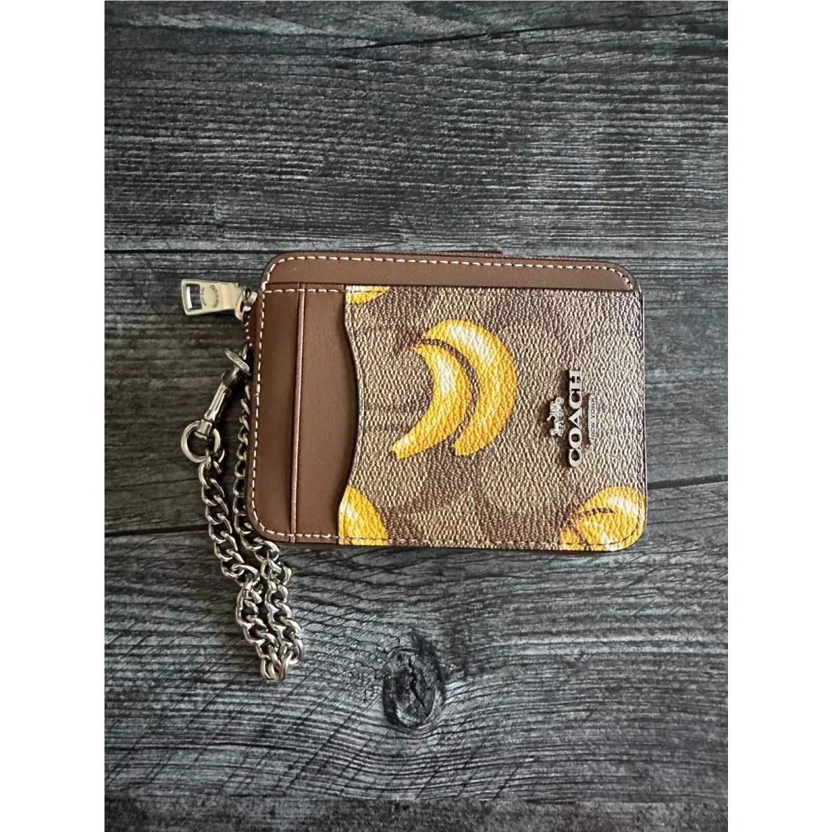 BN  Zip Card Case W Chain Wristlet Wallet khaki dark saddle banana print cr833 by Coach