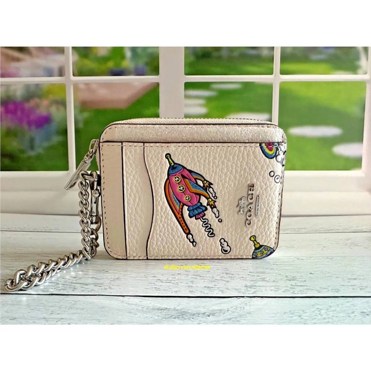 BN  Zip Card Case W Chain Wristlet Wallet novelty leather/Silver/Chalk Multi by Coach