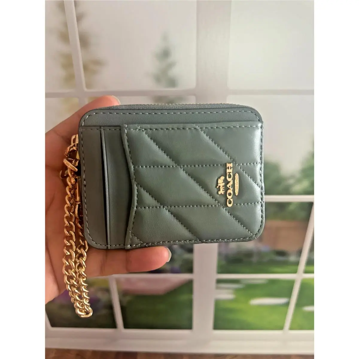 BN  Zip Card Case W Chain Wristlet Wallet Quilting - leather/Gold/Sage CZ467 by Coach