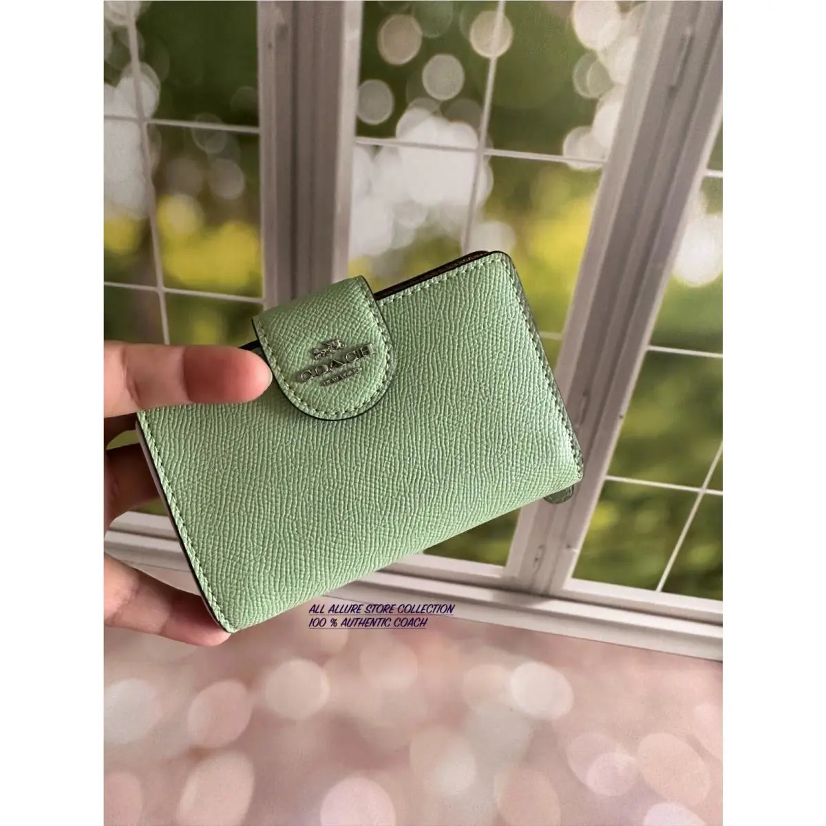 Medium Corner Zip Wallet Signature Leather Floral Solid Pick One 6390 PALE PISTACHIO by Coach