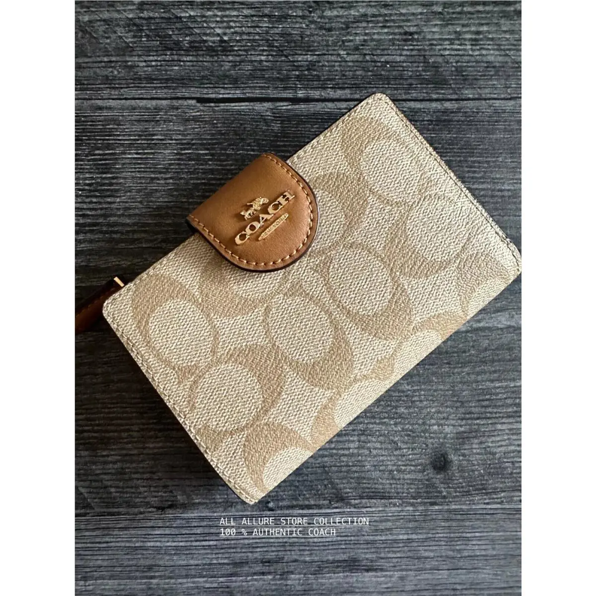 Medium Corner Zip Wallet Signature Leather Floral Solid Pick One C0082 Light khaki Light saddle by Coach