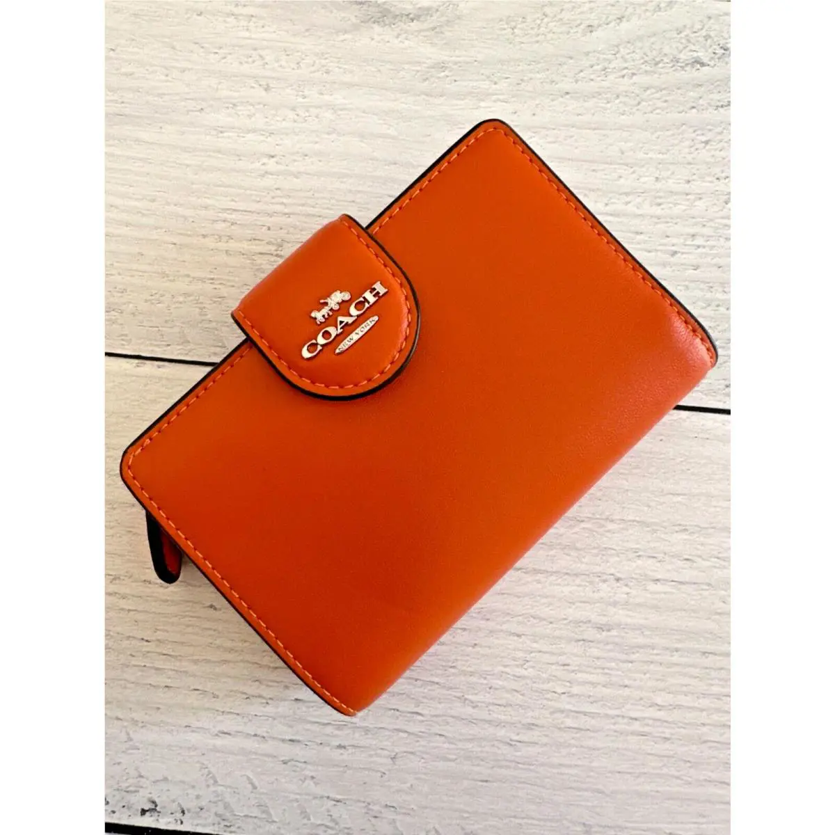 Medium Corner Zip Wallet Signature Leather Floral Solid Pick One CR791 SILVER DARK ORANGE by Coach