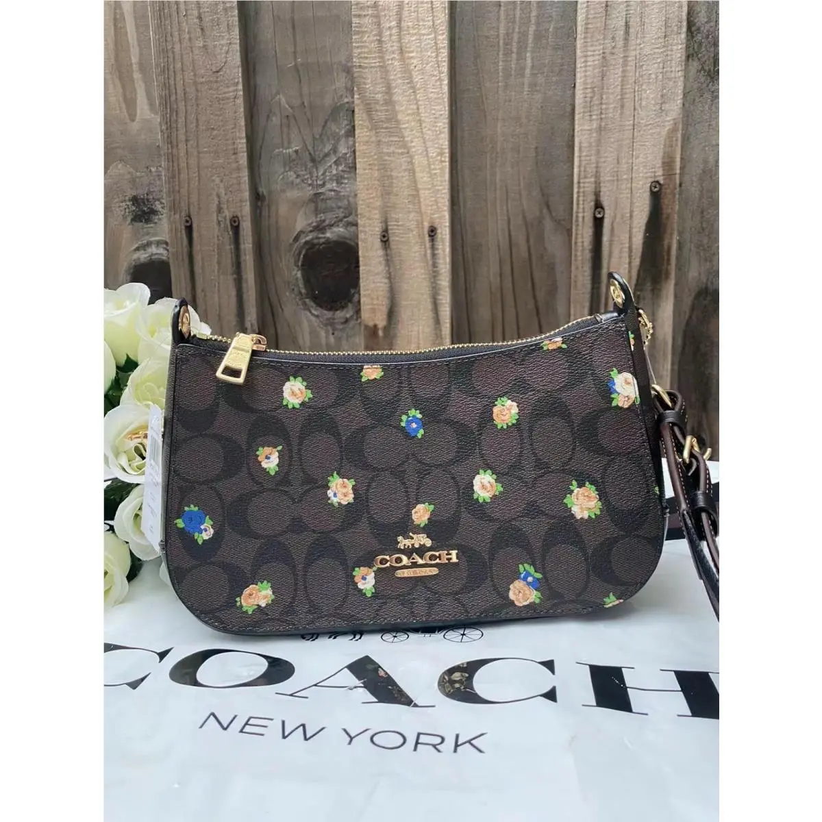 Jes Baguette In Signature Canvas with Mini Rose/ Khaki Saddle c7264 c6843 Gold/Brown Black Multi by Coach