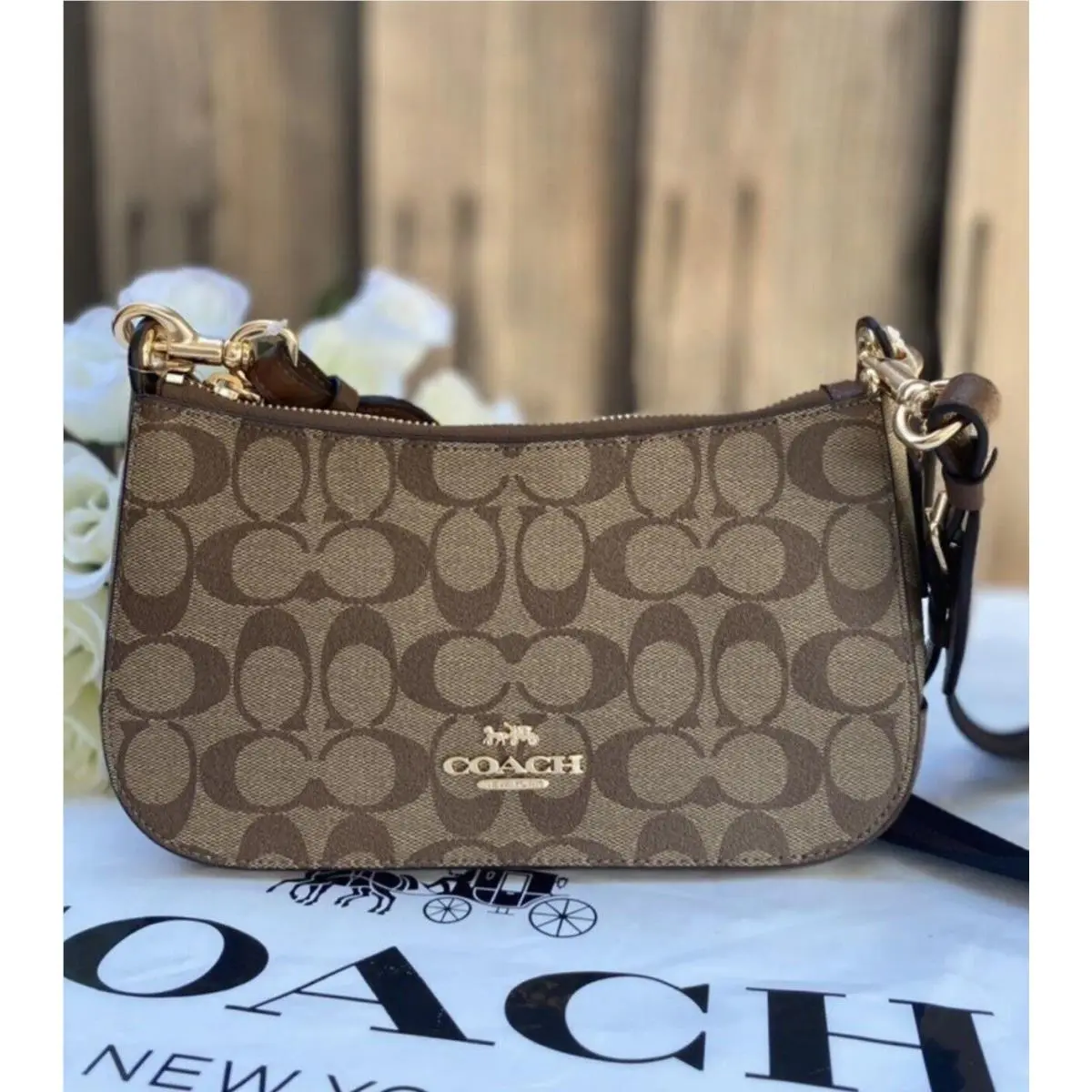 Coach Jes Baguette In Signature Canvas with Mini Rose/ Khaki Saddle c7264