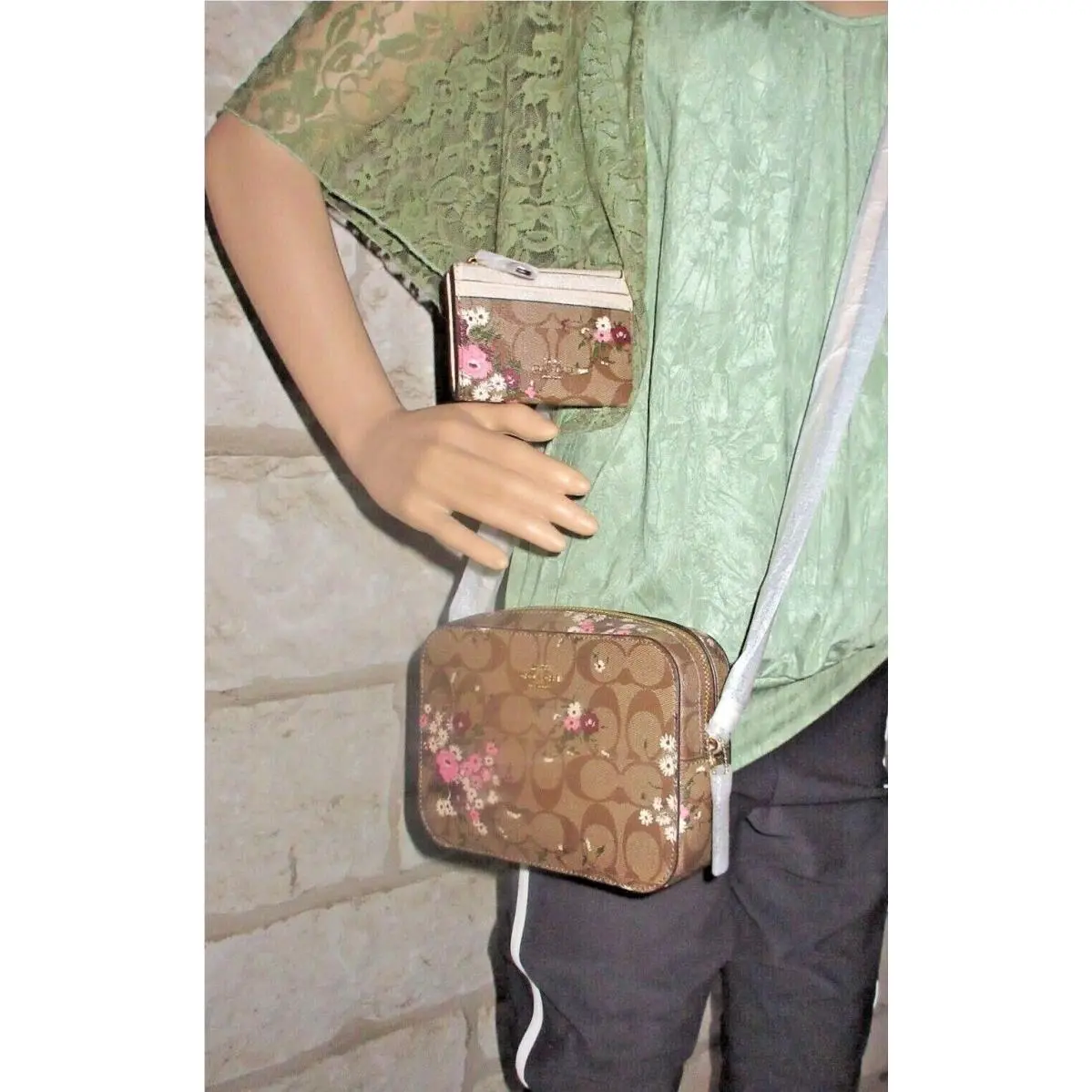 Coach Mini Camera Bag Signature Floral Evergreen 2-piece Purse + Wristlet or ID