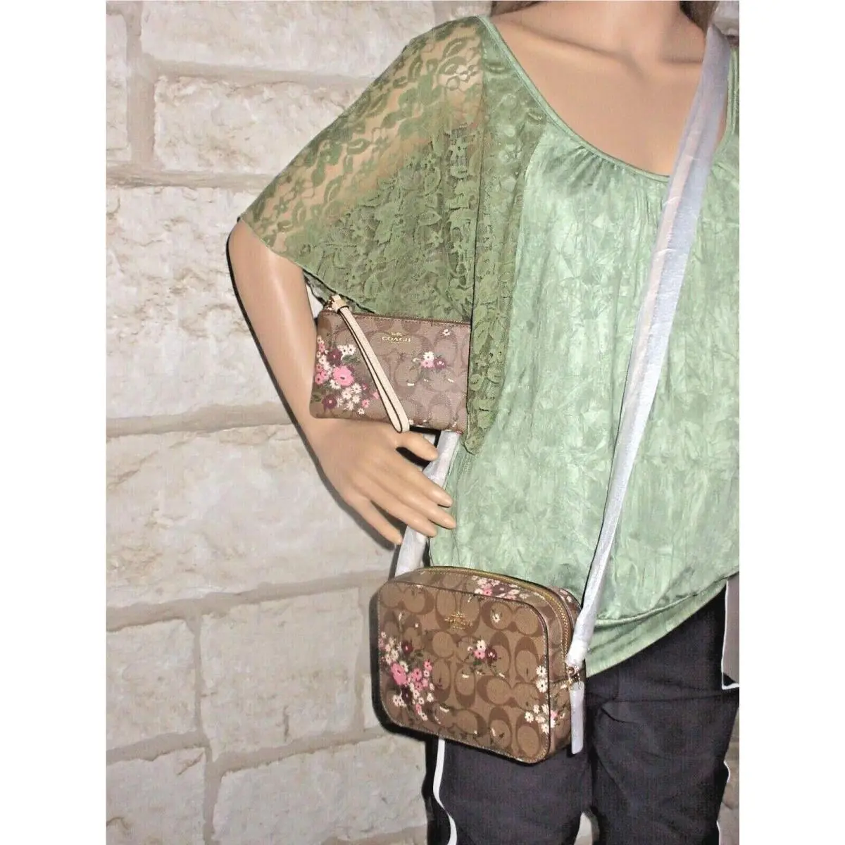 Mini Camera Bag Signature Floral Evergreen 2-piece Purse + Wristlet or ID SET: Mini Crossbody bag + Small Wristlet SET by Coach