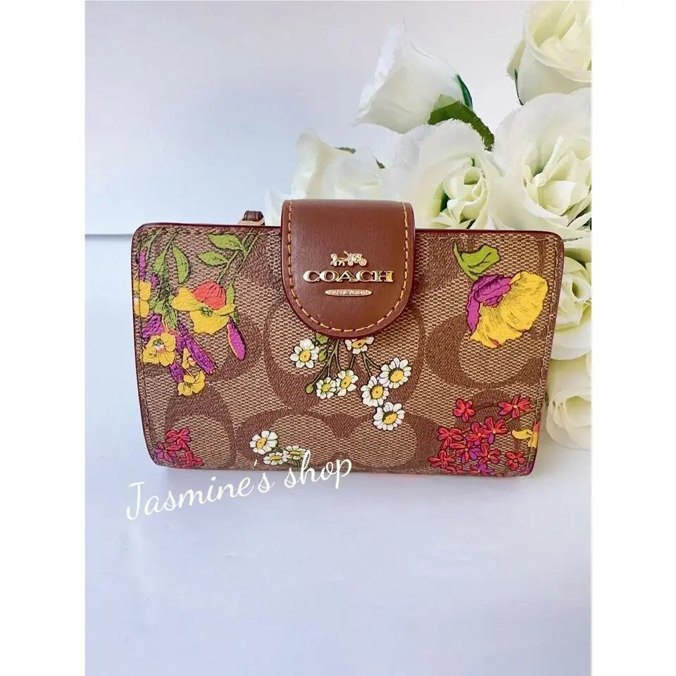 Medium Corner Zip Wallet In Signature with Floral Print CR935/CR968 CR935/khaki multi by Coach
