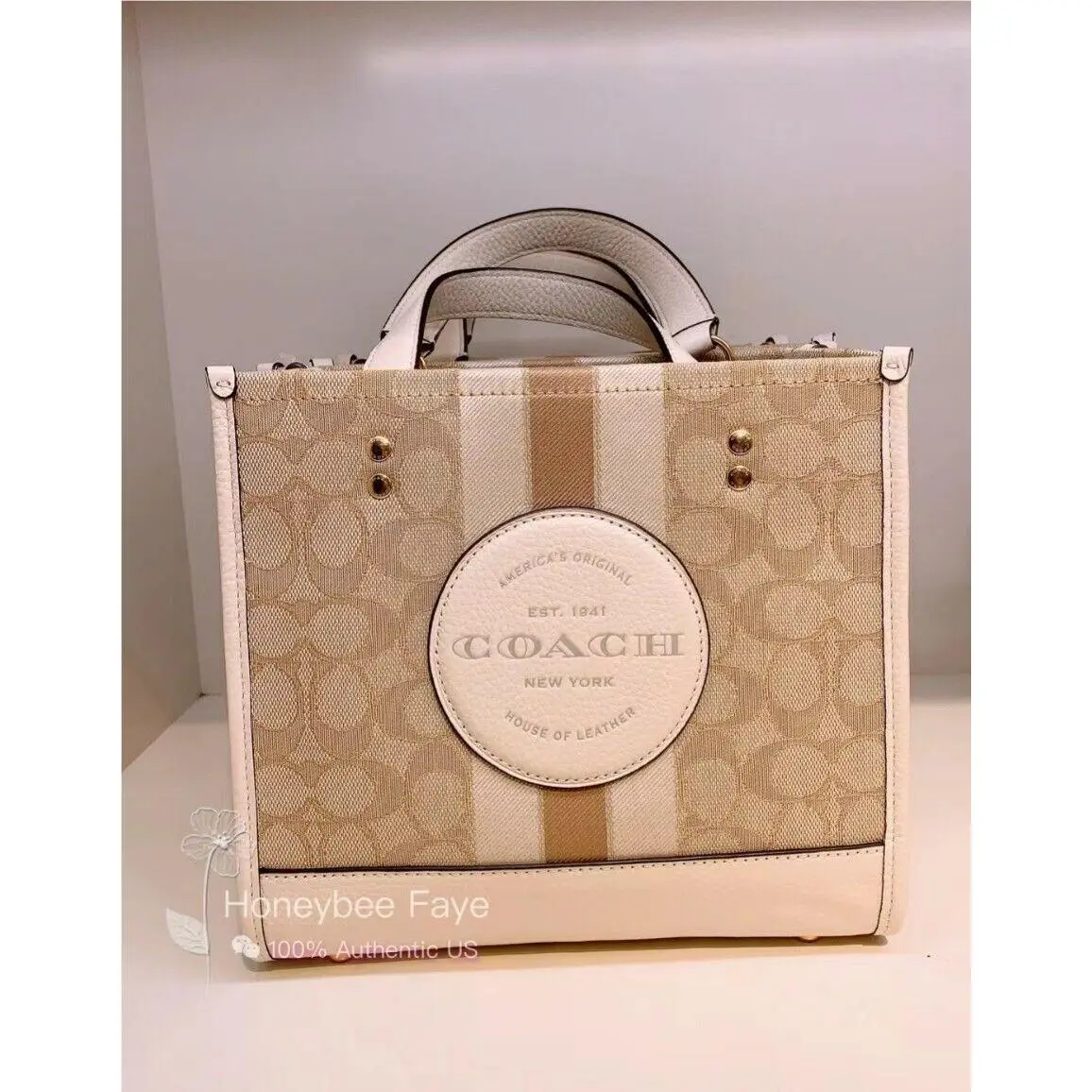 Dempsey Tote 22 In Signature Jacquard c8417/C5637/CJ576 Gold/Light Khaki Chalk by Coach