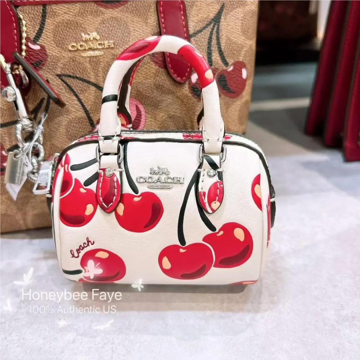 Coach Mini Rowan Bag Charm in Cherry/denim/powder Pink /floral Print