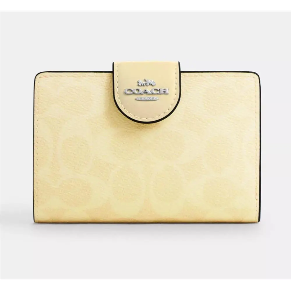 Women`s Medium Corner Zip Bifold Wallet Signature Canvas - Hay - CW786 by Coach