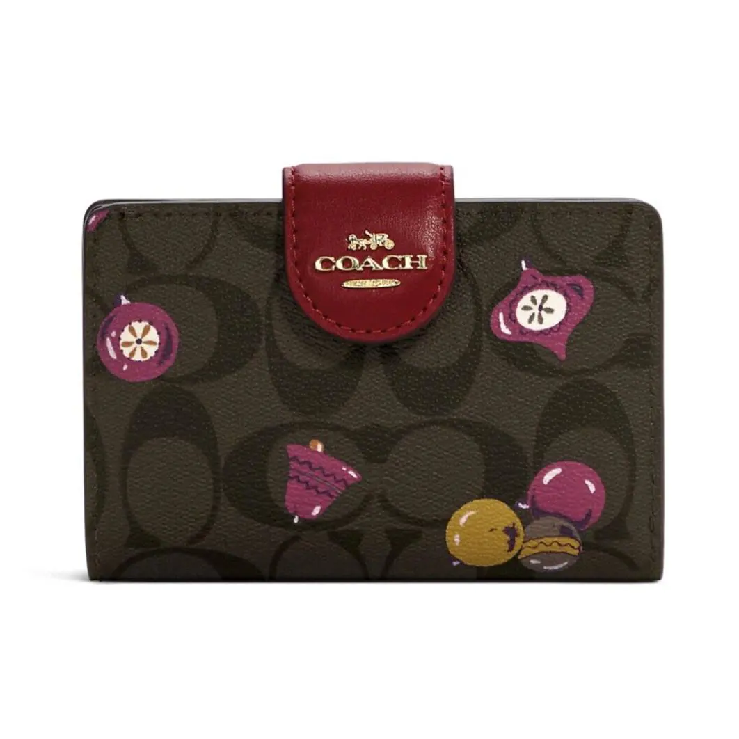 Women`s Medium Corner Zip Bifold Wallet Ornament Print - Brown Black Multi - C7414 by Coach