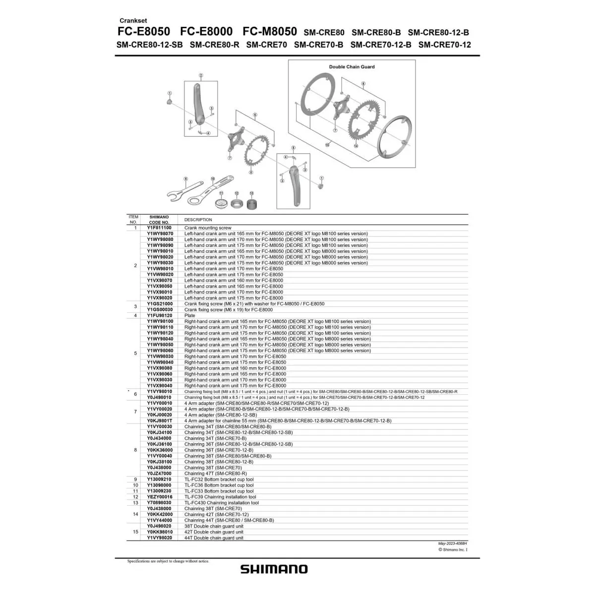 Shimano Deore XT FC-E8050 Right Hand Crank Arm Unit 170mm 175mm
