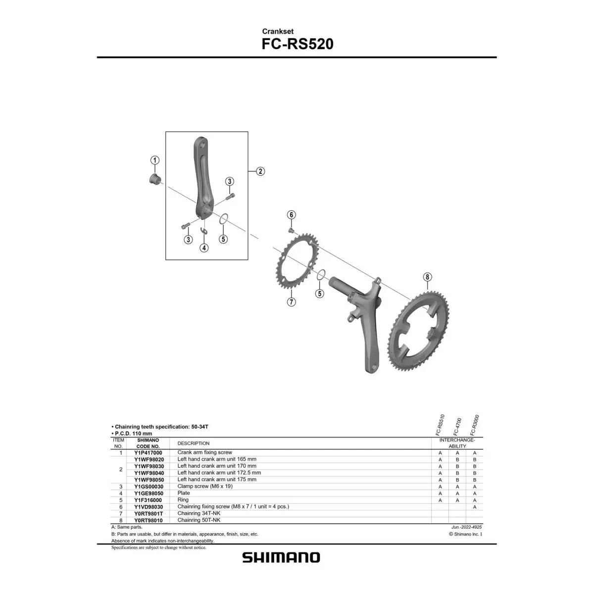 Shimano FC-RS520 Black Crankset 2x12-Speed 165MM 175MM