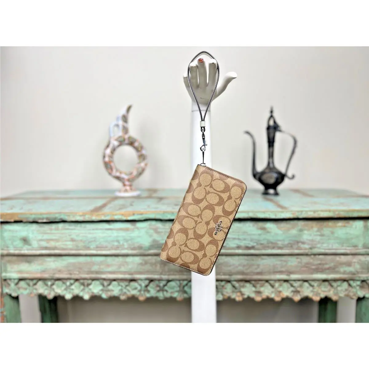 Coach Long Zip Around Wallet C4452 Light Sage Green Khaki Brown Canvas Wrist - Brown