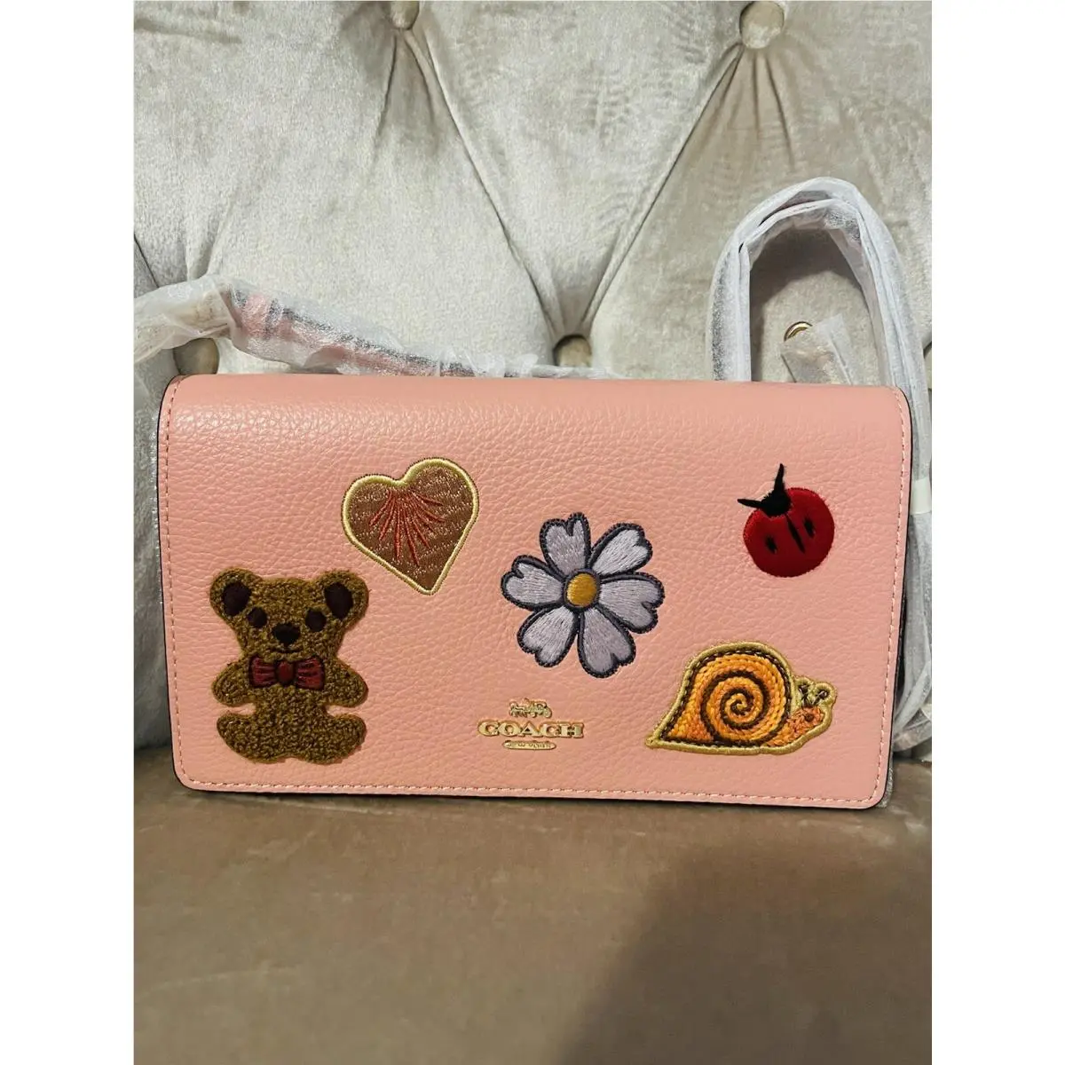 CC469 Anna Foldover Small Slim Crossbody Bag Bear Heart Candy Pink by Coach