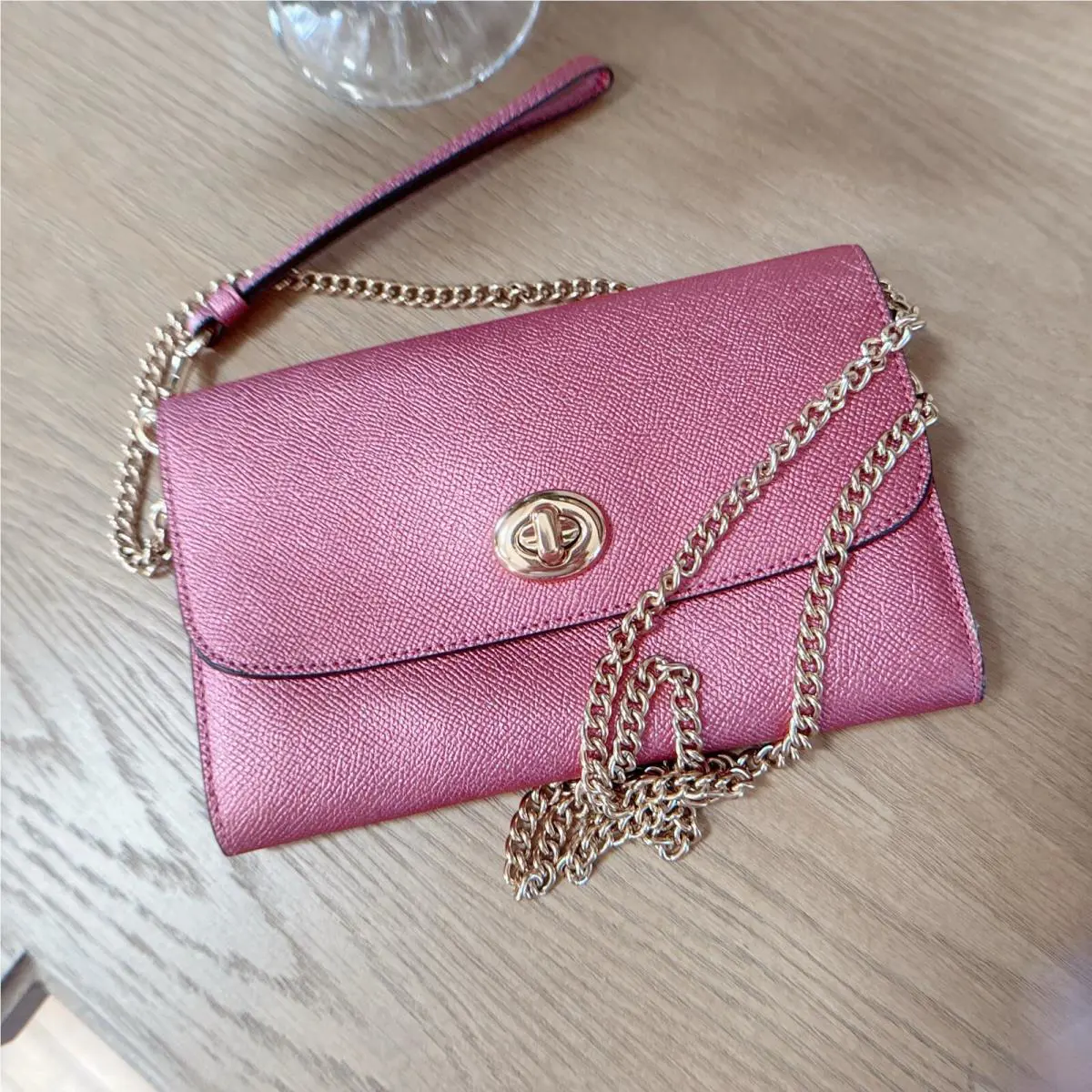 Valentine`s Day Coach Metallic Leather Chain Convertible Crossbody Wristlet
