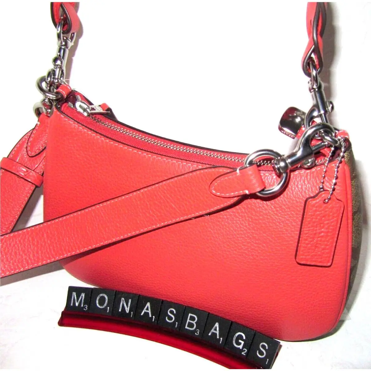Coach CJ590 Teri Shoulder Crossbody Bag Signature Canvas Tangerine Leather