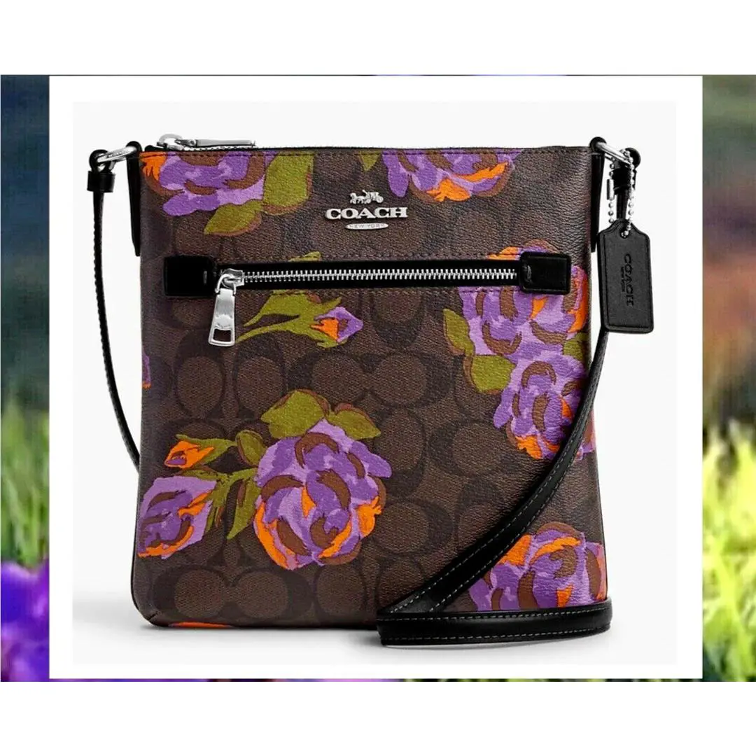 Coach Mini Rowan CL660 File Bag Sig CC Leather W/rose Print In Brown / Iris