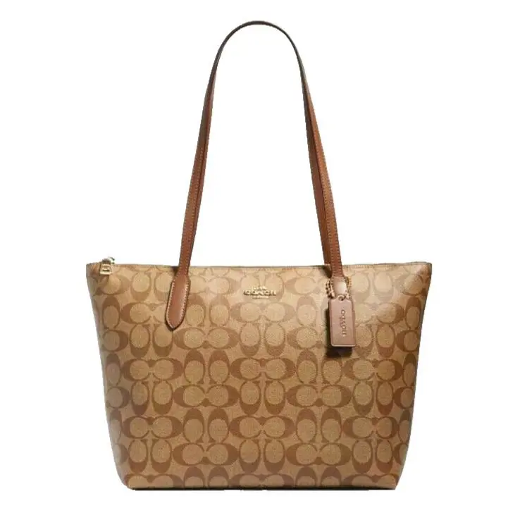 Coach Signature Coated Canvas Zip Shoulder Tote Bag Khaki/saddle 4455 - Exterior: Khaki