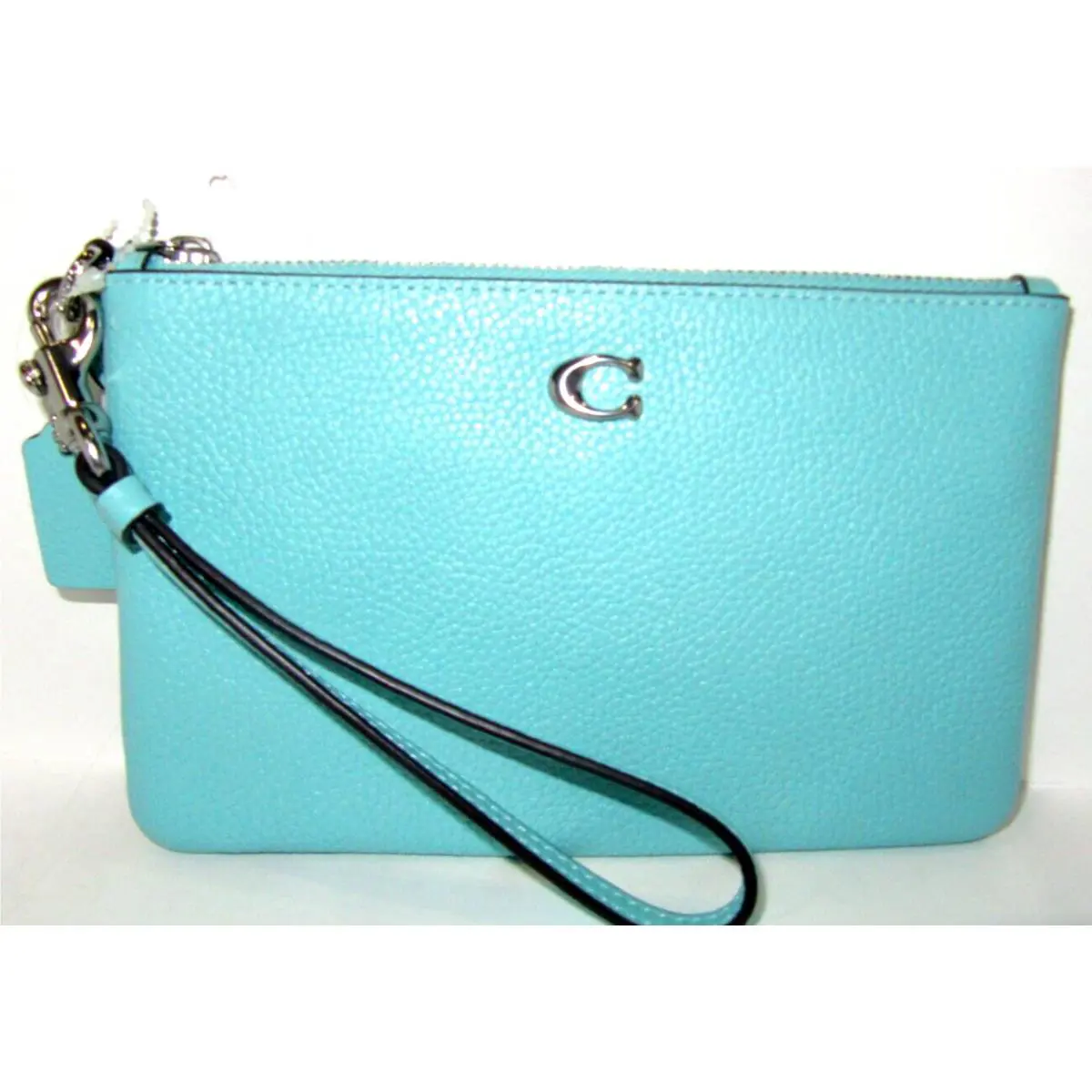 Coach CH818 Small Corner Zip Polished Pebbled Leather Fadded Blue
