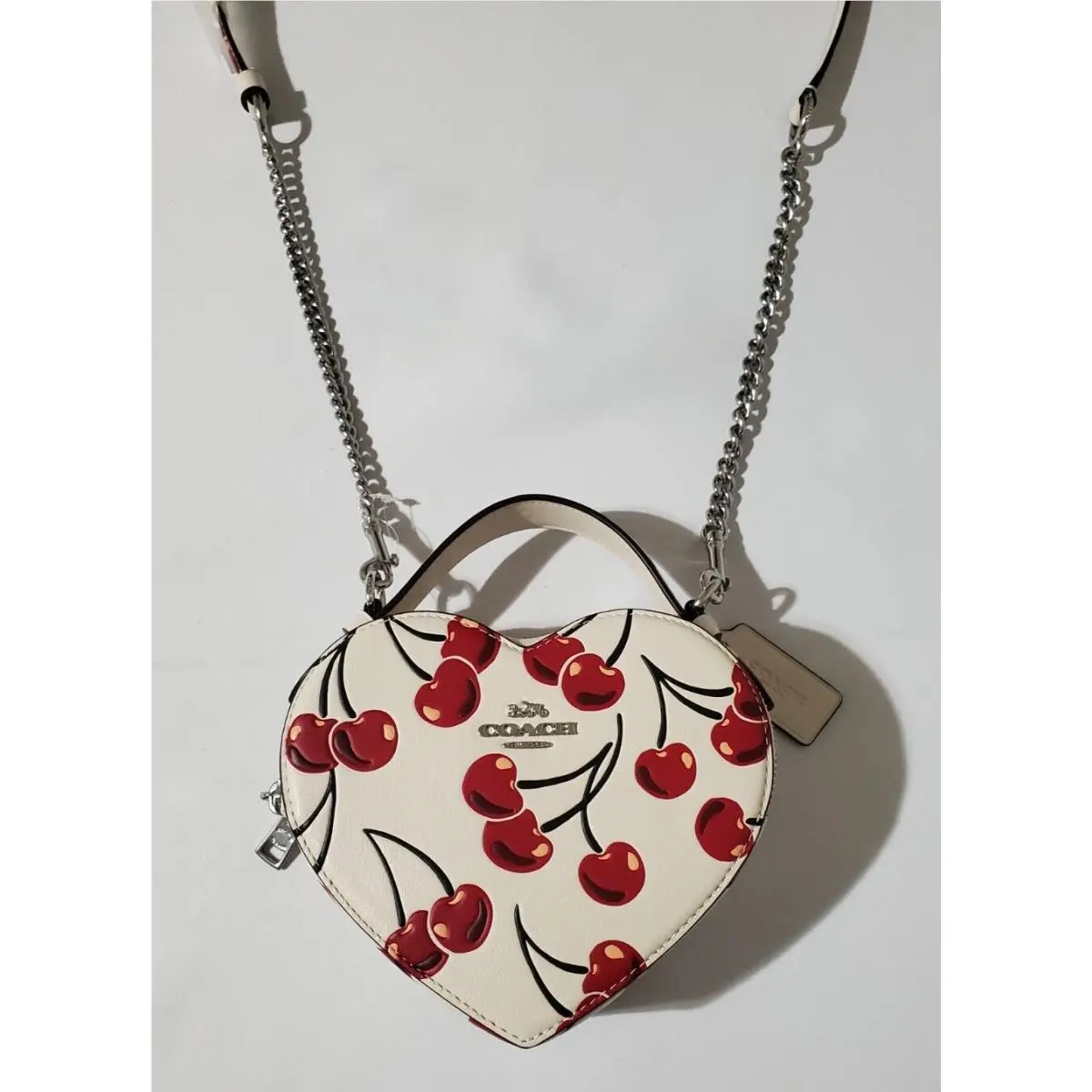 CAB06 Heart Crossbody Bag with Cherry On Top Print Smooth Leather Chalk by Coach