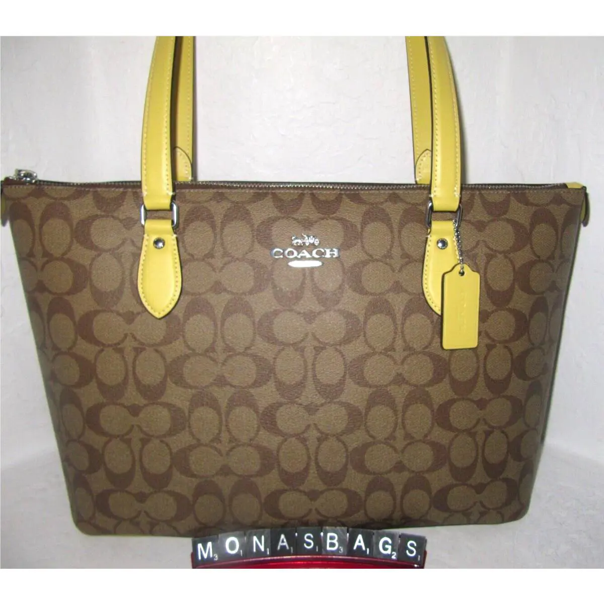Coach CH504 Khaki Canvas Signature Yellow Leather Gallery Tote Bag