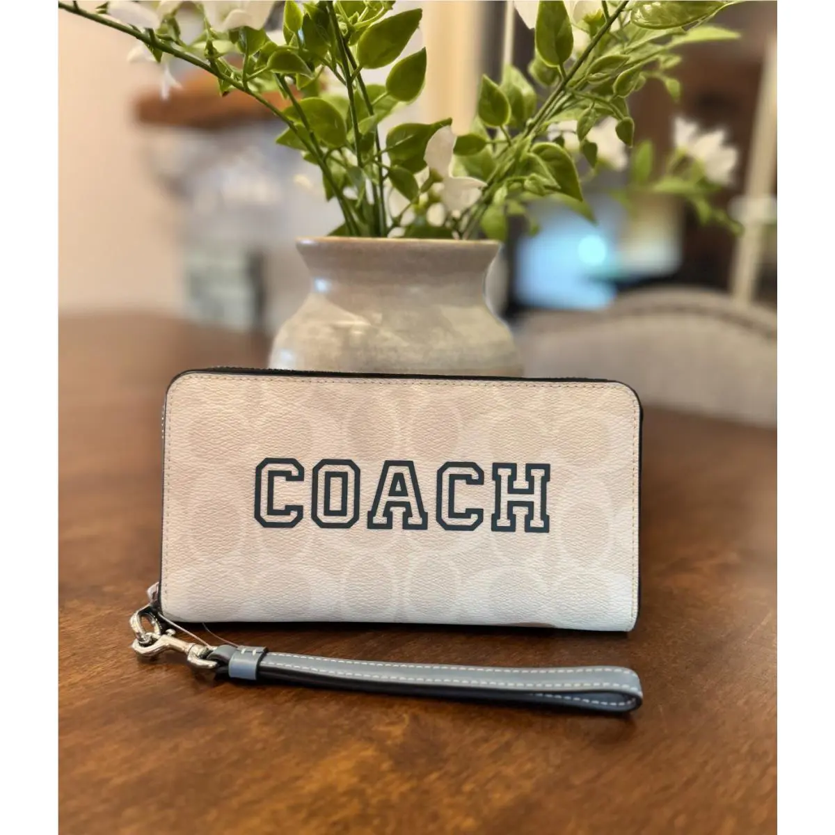 Coach Long Zip Around Wallet Signature Canvas Varsity Motif - Chalk Indigo CB856 - Light Khaki Indigo Blue