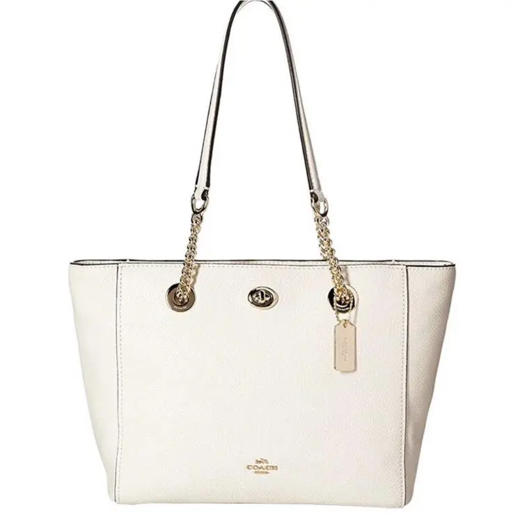 Coach Turnlock Gold Chain Tote 27 in Polished Pebble Leather Chalk Bag 57107