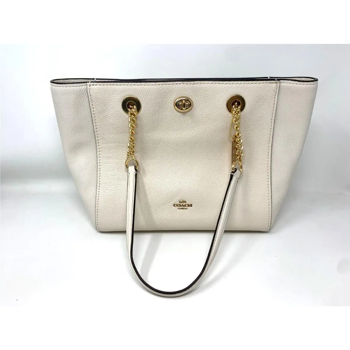 Turnlock Chain Tote 27 Purse Chalk White Pebble Leather Shoulder Bag 57107 by Coach