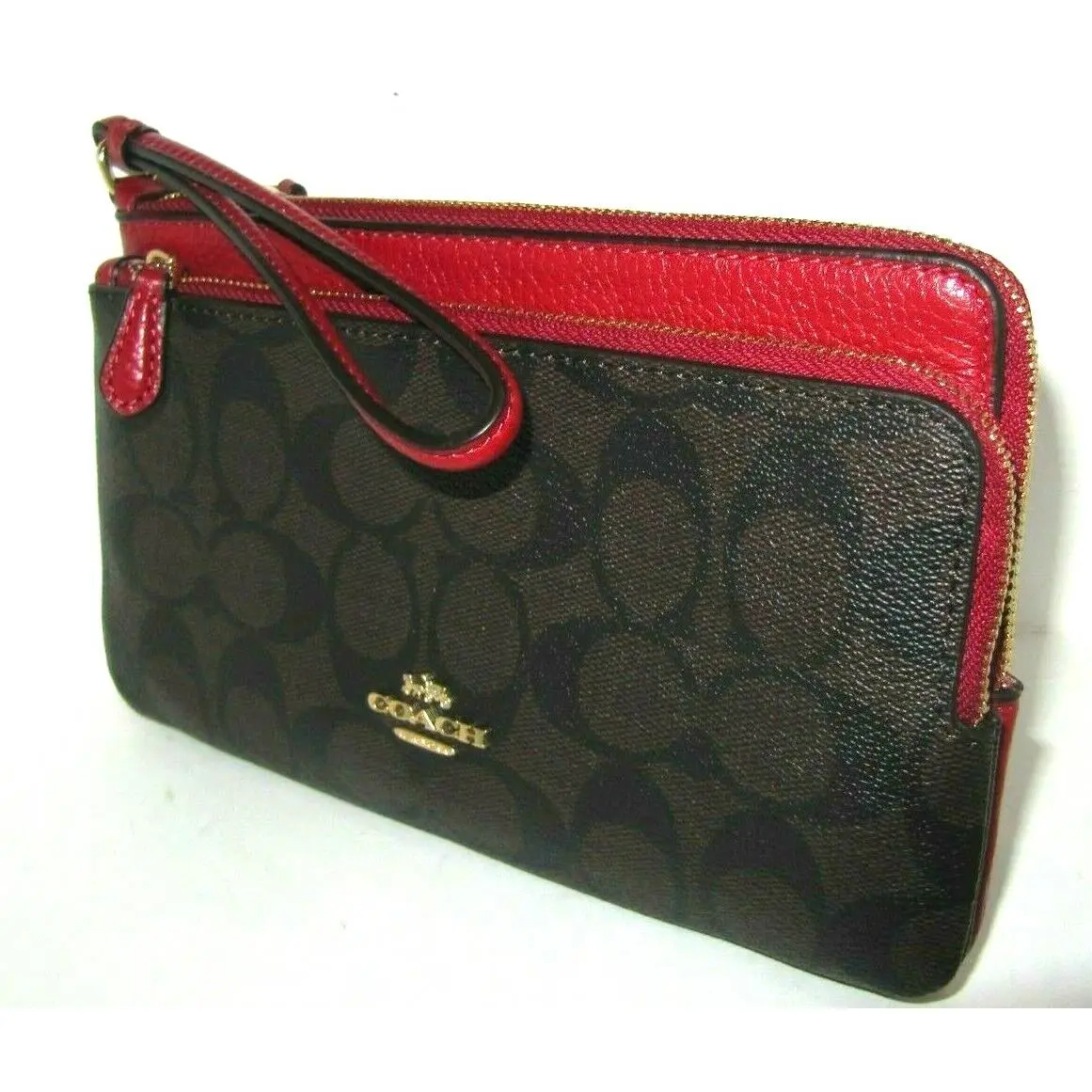 Coach C5576 Brown Signature 1941 Red Leather Double Zip Wristlet