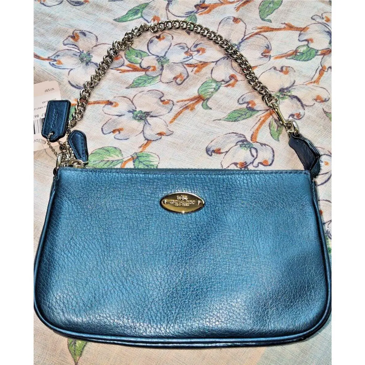 Coach Metallic Blue Pebbled Leather Large Wristlet Purse F53340