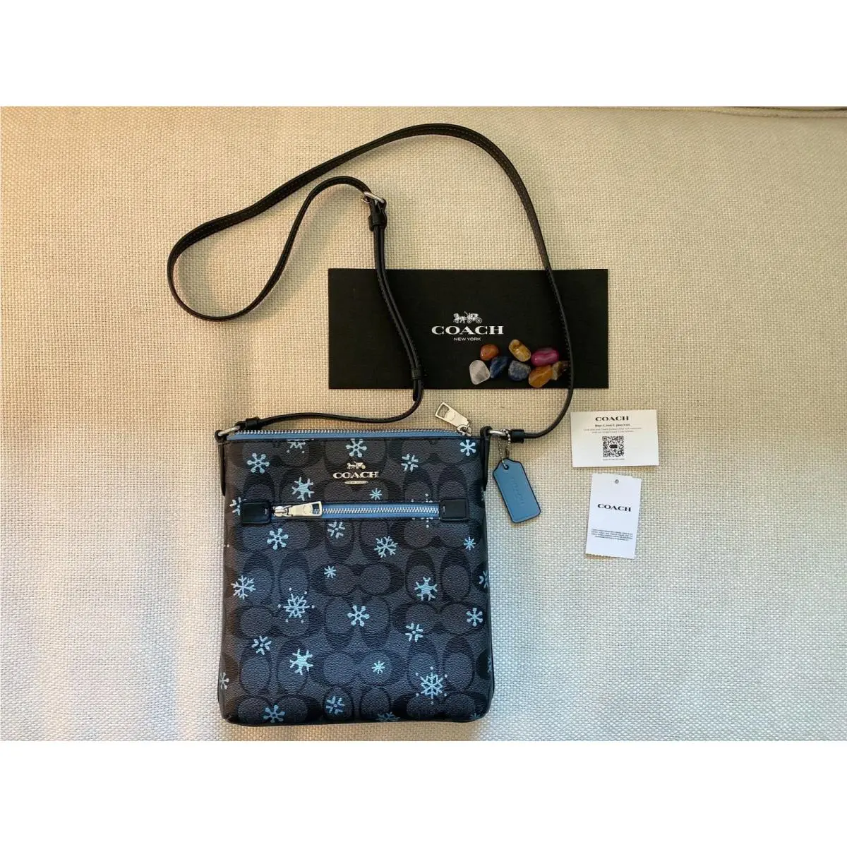 Coach Crossbody Strip Rowan File Bag Blue Snowflake Pebble Leather Zip CF285