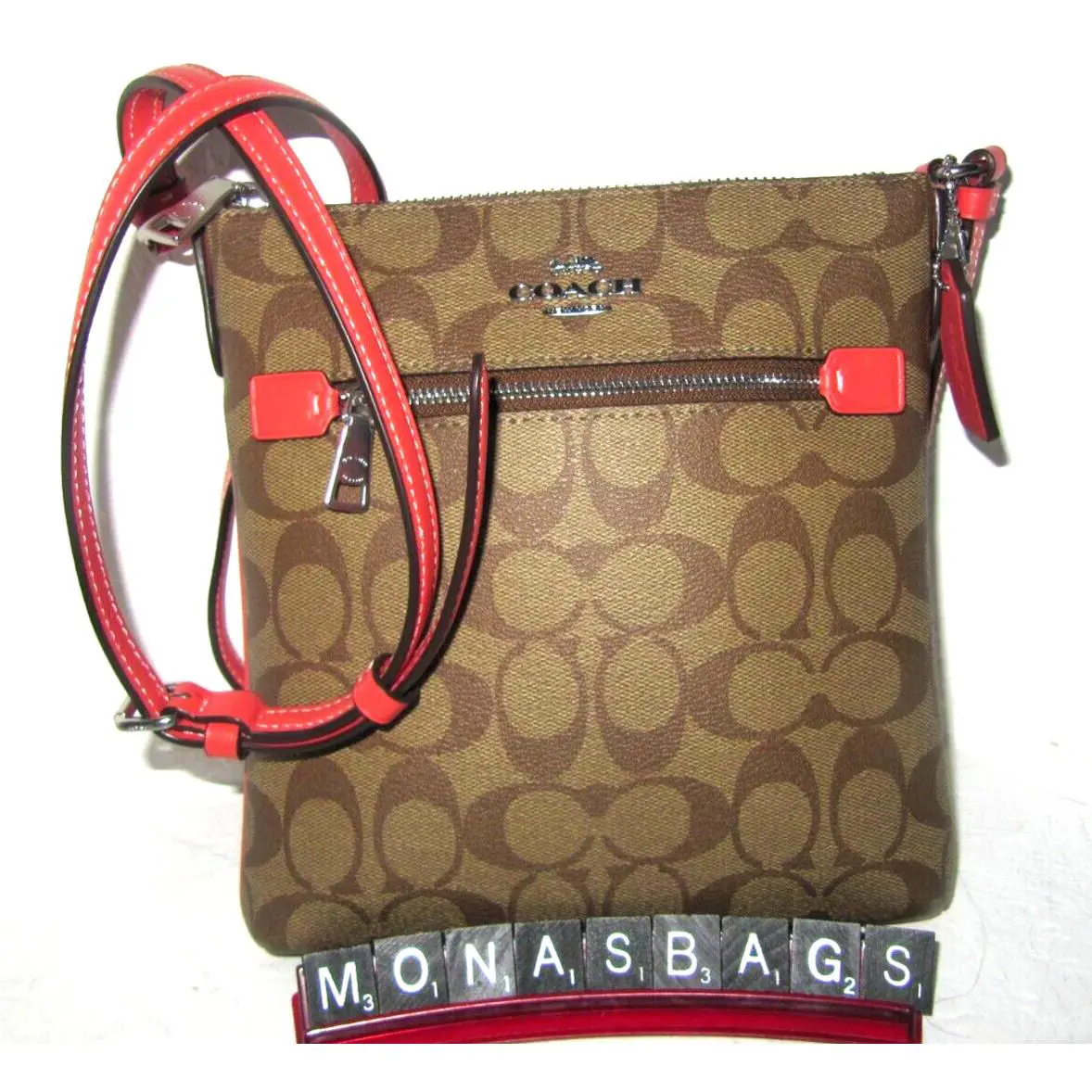 CF340 Mini Rowan File Bag Khaki Signature Canvas Tangerine Leather NWT$250 by Coach