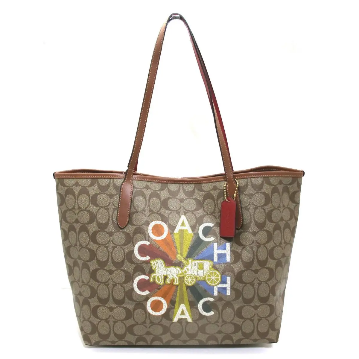 Coach Radial Rainbow Logo Print City Tote Shoulder Bag Khaki/gold