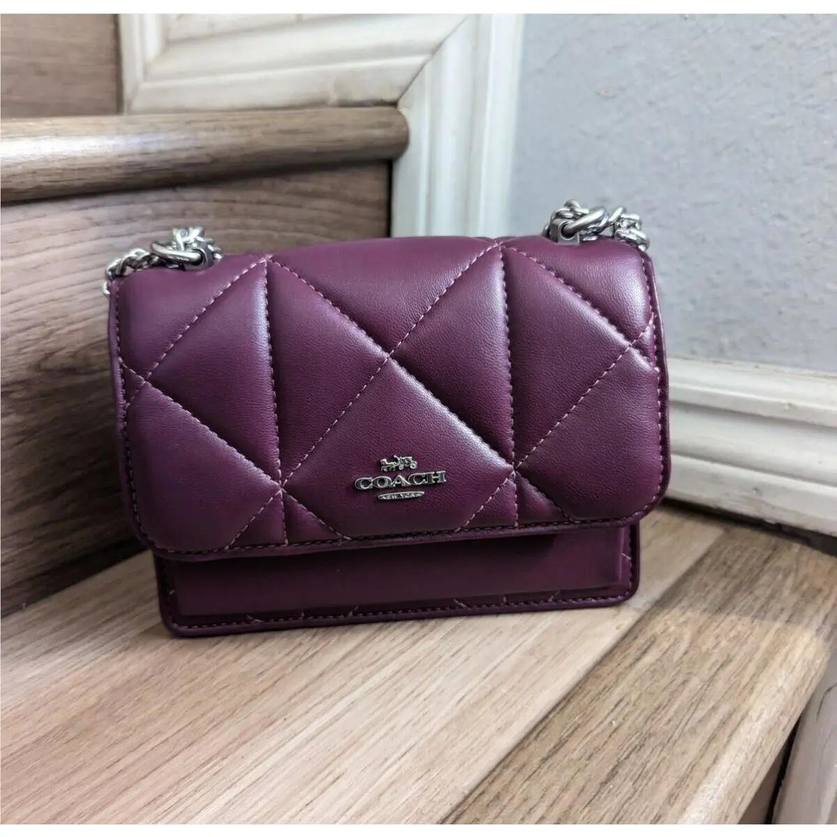 Coach CJ526 Mini Klare Puffy Diamond Quilt Crossbody Deep Berry Handbag Leather