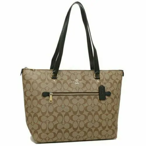 Coach Tote Signature Canvas Logo Zip Shoulder Bag Classic Khaki/black F79609