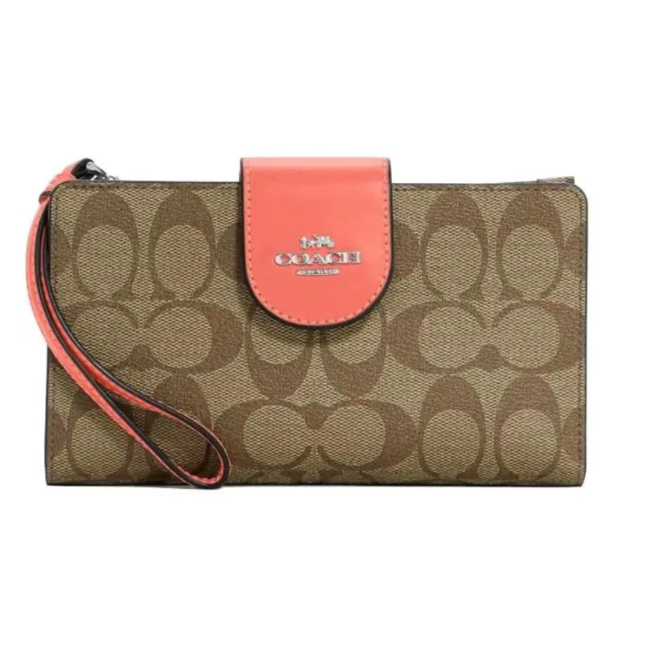 Coated Canvas Signature Colorblock Tech Phone Wristlet Khaki Tangerine by Coach