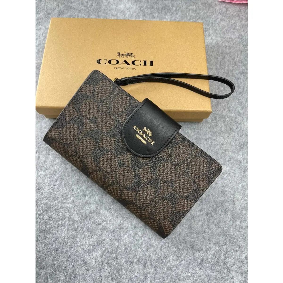 Coach Tech Phone Wallet In Colorblock Signature Canvas Gold/brown Black C2874