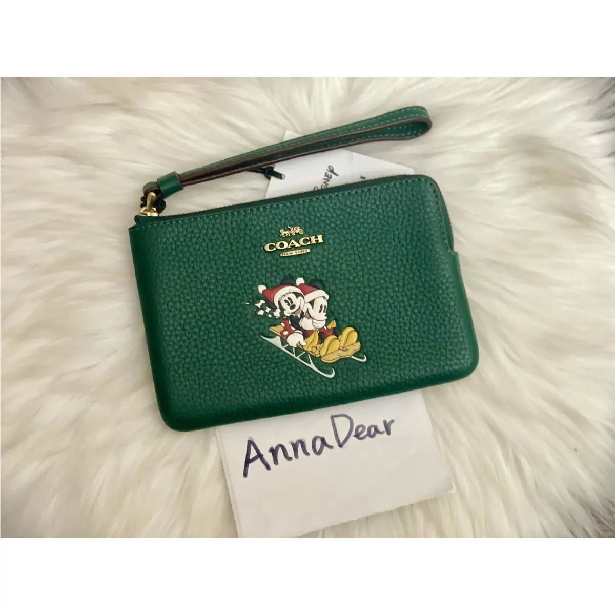 Coach CN025 Disney X Coach Corner Zip Wristlet with Sled Motif Dark Pine