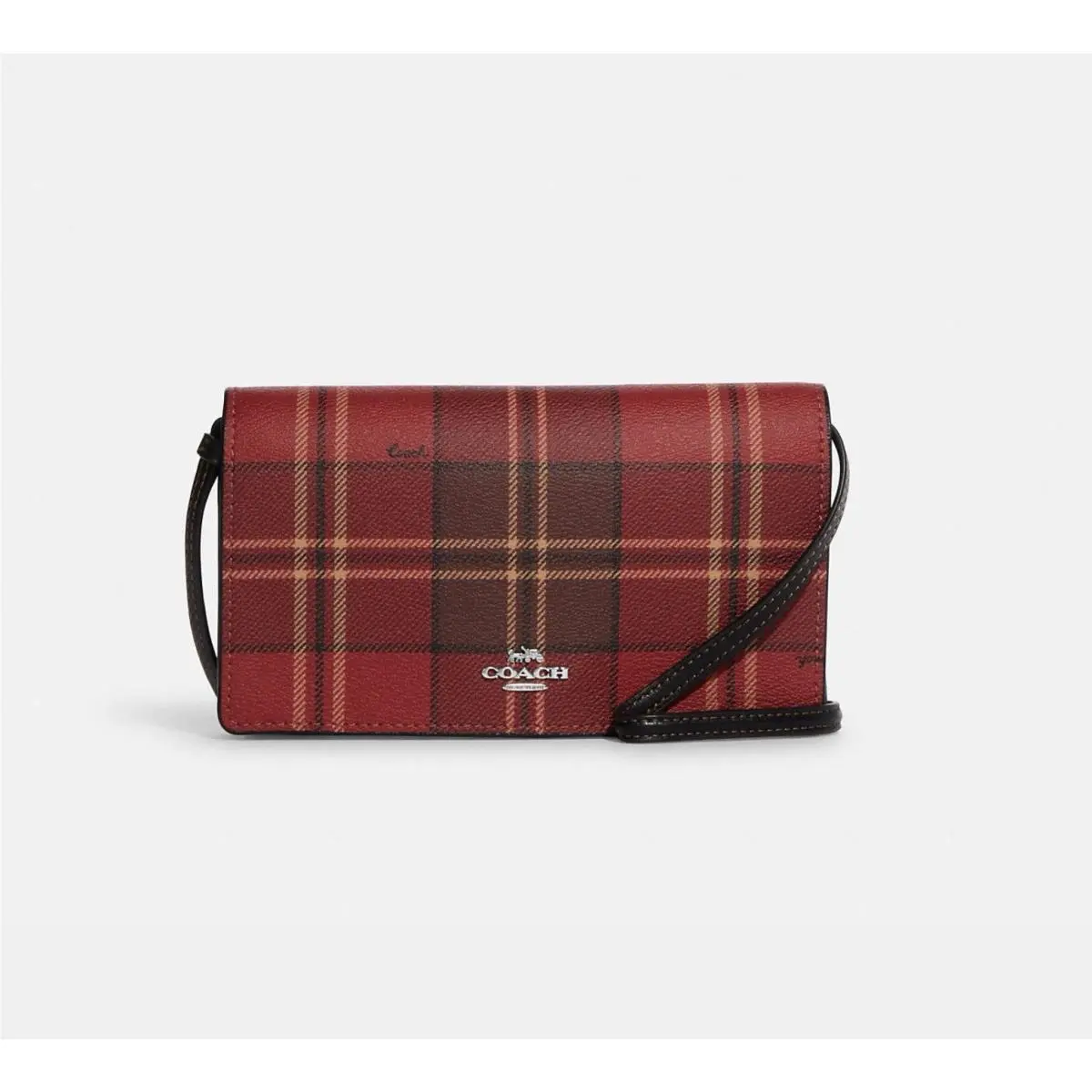 Coach Anna Foldover Crossbody Clutch Purse - Red Black Tartan Plaid CC801