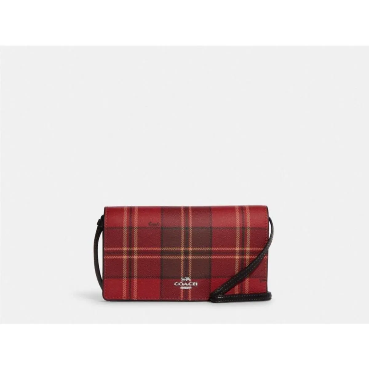 Coach Anna Foldover Crossbody Clutch Purse - Red Black Tartan Plaid CC801