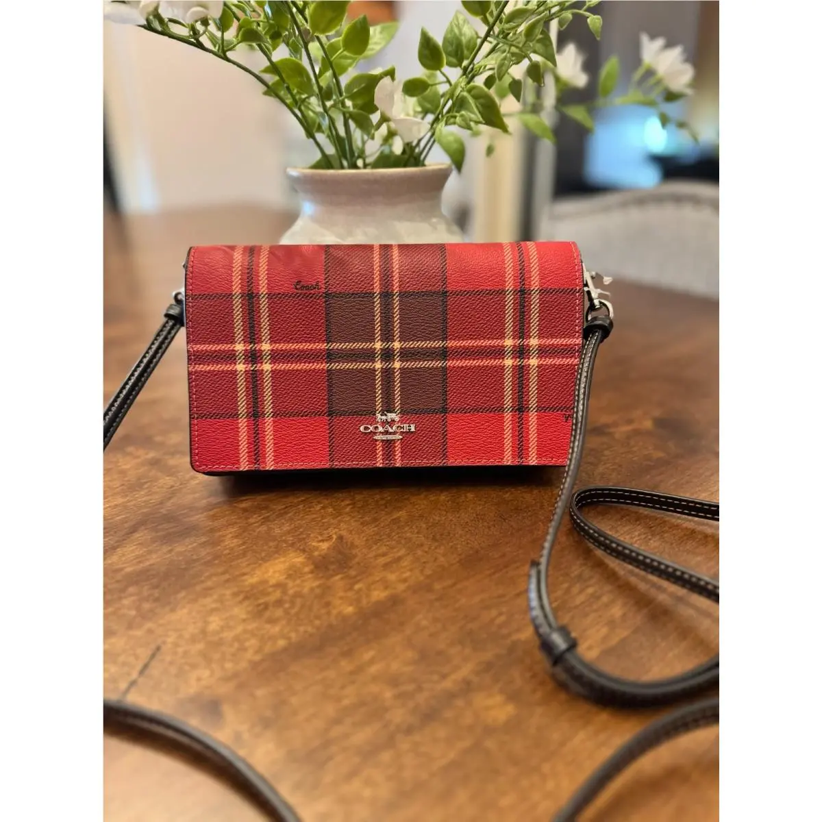 Anna Foldover Crossbody Clutch Purse - Red Black Tartan Plaid CC801 by Coach