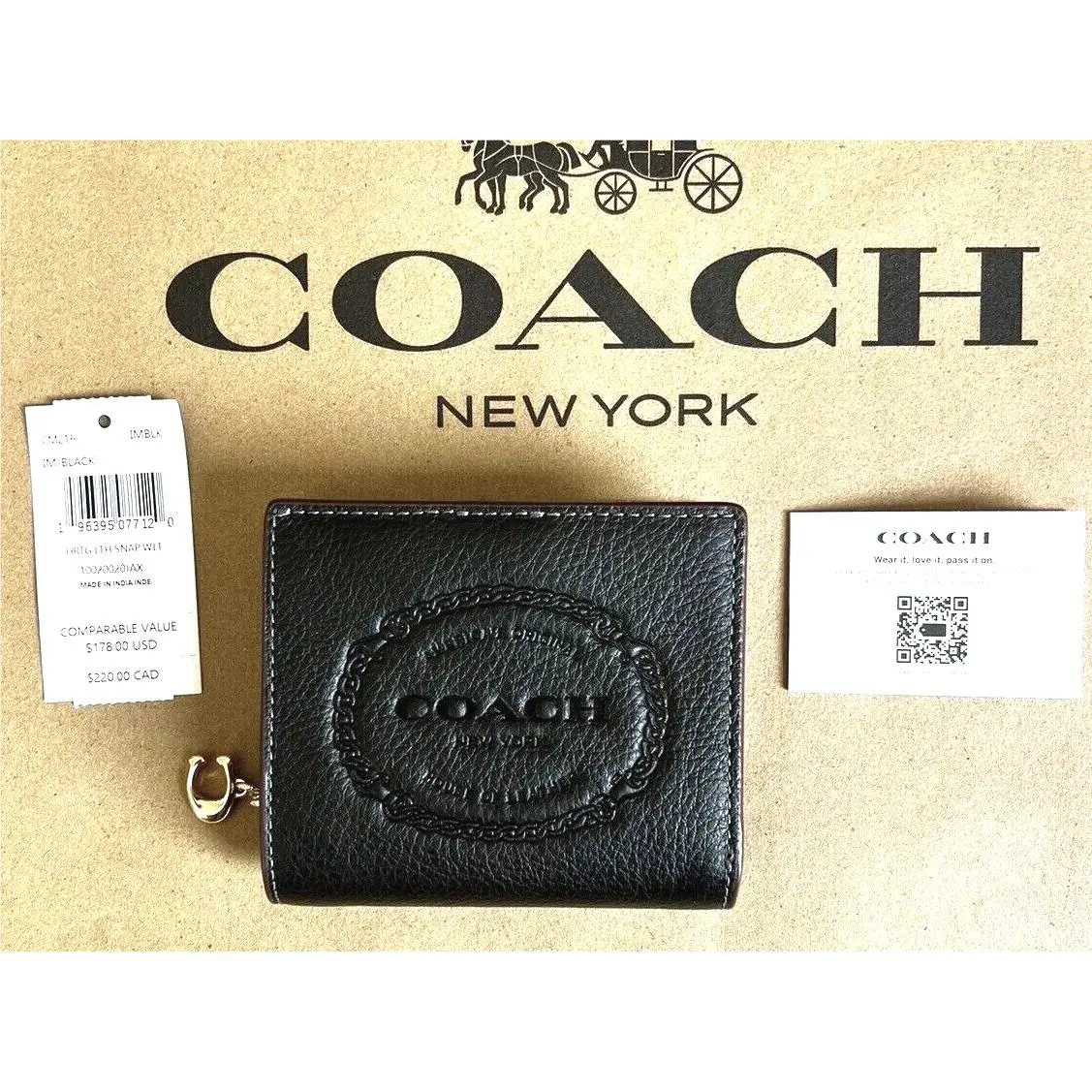 Coach CM216 Snap Leather Wallet with Coach Heritage Black Nip