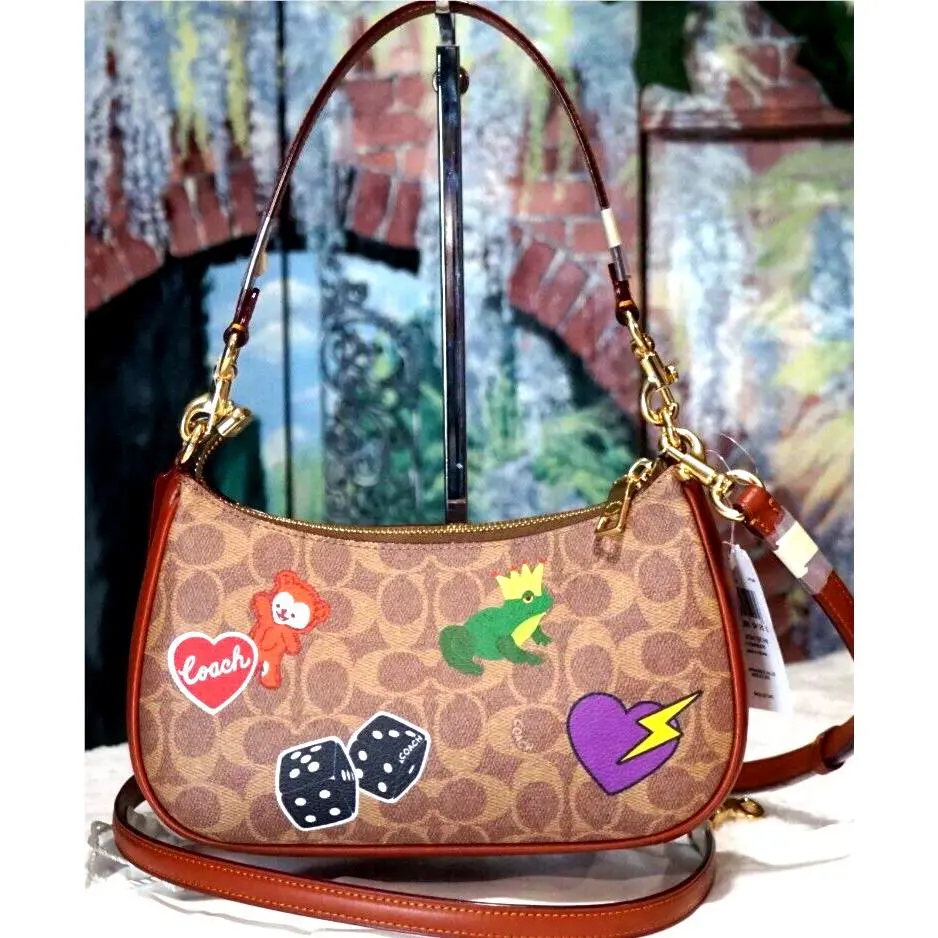Teri CV939 Shoulder Bag W/sticker Print In Tan Multi Sig CC Leather by Coach