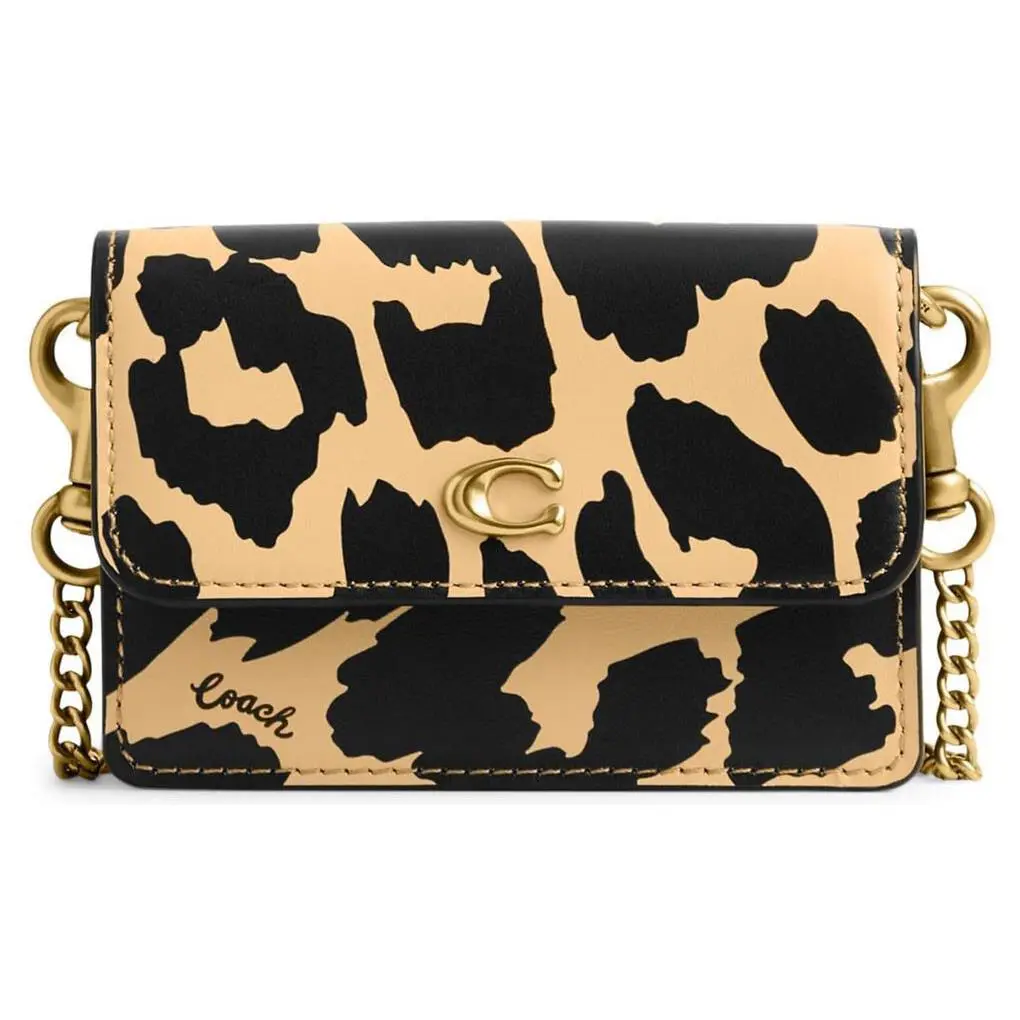 Coach Mini Wallet on a Chain Crossbody Leopard Printed Leather Gold CM699 - Handle/Strap: Gold, Hardware: Gold, Exterior: Leopard Print