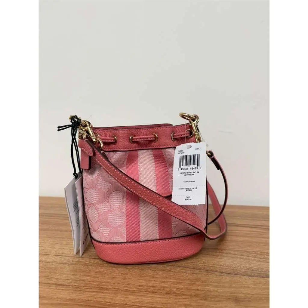 Coach Mini Dempsey Bucket Bag In Signature Pink Jacquard Stripe Coach Patch